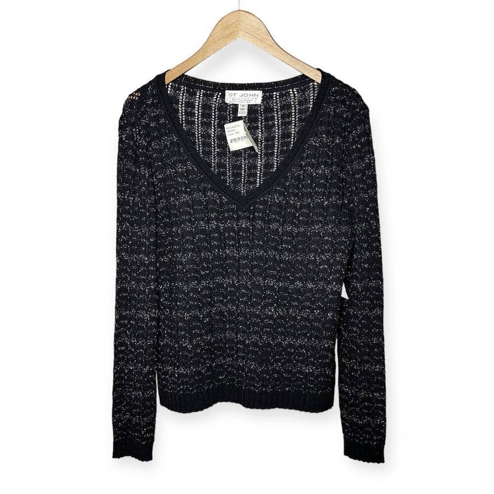 NWT St. John Metallic Wool Blend Knit V Neck Sweater Black Silver Women 16